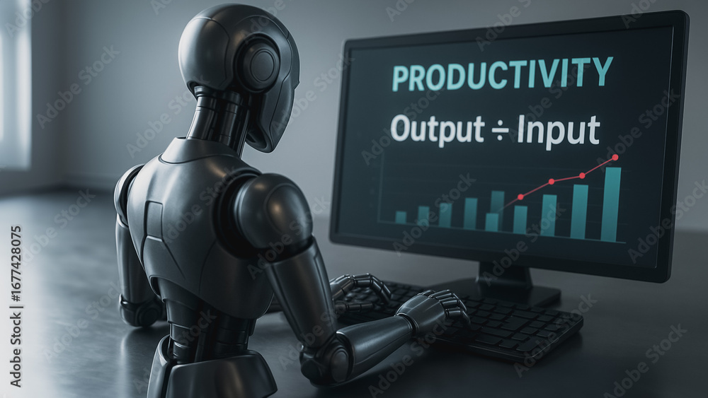 Aufkleber efficiency in ai: a sleek ai robot meticulously analyzing productivity metrics on a high-tech comput