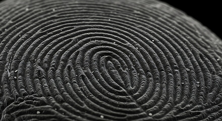black and white fingerprint closeup background, biometric pattern texture wallpaper, forensic identity backdrop

