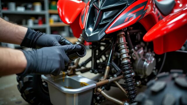 Oil Draining Into Pan Under Red ATV Mechanic Hands With Black Gloves In Garage Maintenance Process Vehicle Repair Close Up Metallic Parts Focused Pouring Oil Into Container Workshop Environment
