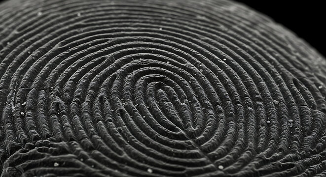 black and white fingerprint closeup background, biometric pattern texture wallpaper, forensic identity backdrop
