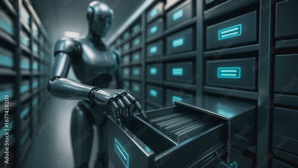 Aufkleber robot data storage: a futuristic robot meticulously manages digital information, meticulously sortin