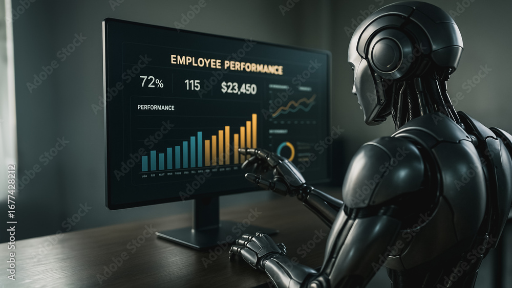 Poster digital analyst: a futuristic robot analyses employee performance on a large monitor, charting a cou