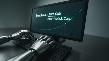 AI Business Equation: A metallic robotic arm manipulates the keyboard to display a detailed business equation on a monitor in a cool, modern setting. 