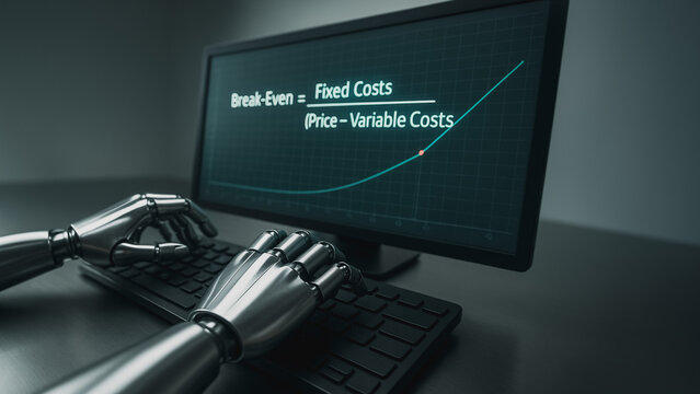 AI Business Equation: A metallic robotic arm manipulates the keyboard to display a detailed business equation on a monitor in a cool, modern setting. 