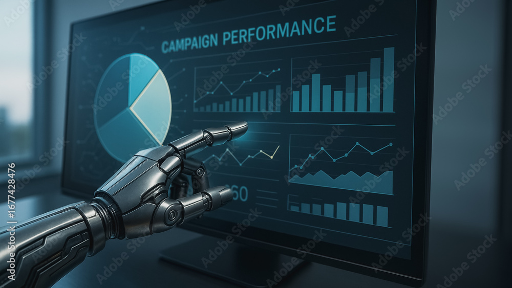 Poster ai-powered insights: an ai-generated hand, pointing at data visualized on a monitor, revealing intri