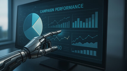 AI-Powered Insights: An AI-generated hand, pointing at data visualized on a monitor, revealing intricate campaign performance analytics in a cutting-edge modern tech setting.