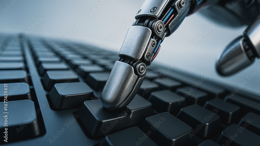 Aufkleber cybernetic interaction: a close-up shot of a mechanical hand precisely typing on a computer keyboard