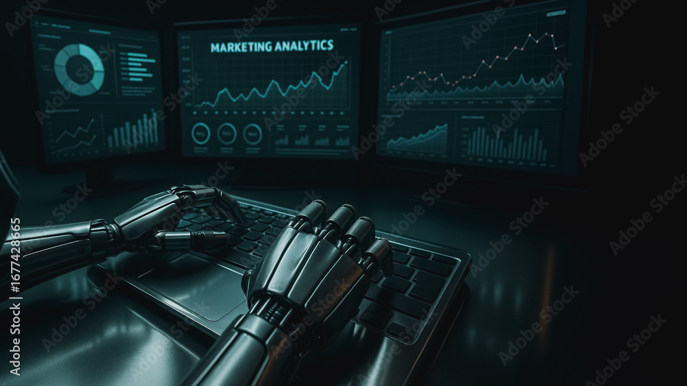 Poster cybernetic analytics: an advanced robotic hand, intricately designed, navigates a keyboard. three mo