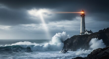 Dual Beams of Light: Lighthouse and Sunray Illuminate a Turbulent Ocean Storm