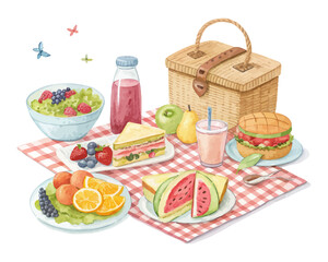Watercolor picnic sets with food and drinks