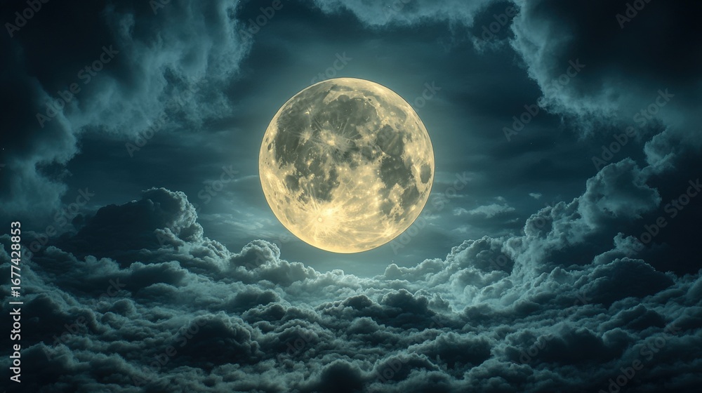Poster a luminous full moon shines brightly through dramatic clouds in a nighttime sky, creating a mystical