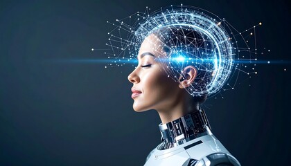 Woman Cyborg with Futuristic Neural Network Connecting Points