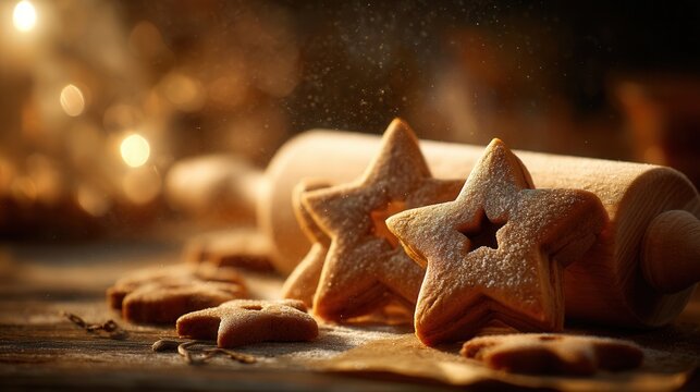 Golden light embraces star-shaped gingerbread cookies resting beside a rolling pin in a cozy kitchen - Powered by Adobe