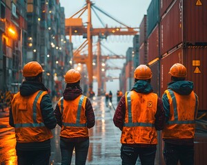 Workers overseeing logistics ope ns at a shipping port