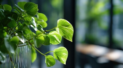 Close-up of vibrant green leaves of a potted plant, bathed in natural light, with a soft focus on the background.