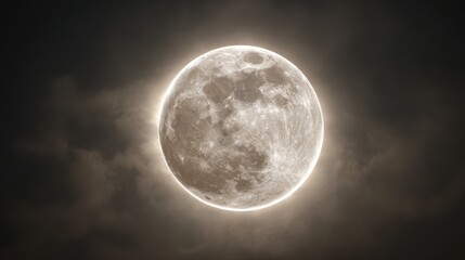 Full moon surrounded by atmospheric haze, glowing in movie-style lighting, hyper-realistic surface features visible