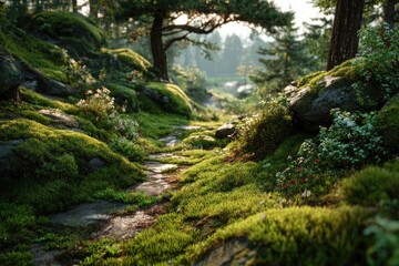 Lush mossy path through a sunlit forest