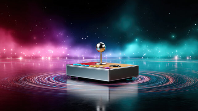 Retro arcade control panel floats in cosmic spiral, surrounded by vibrant colors and starry background, evoking nostalgia and excitement for gaming enthusiasts