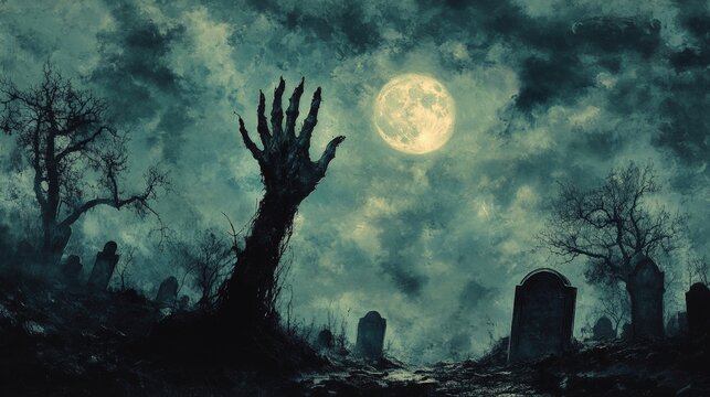 A dark, eerie graveyard scene featuring a skeletal hand emerging from the ground under a bright full moon, surrounded by leafless trees and tombstones.