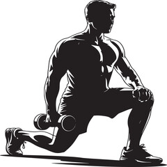 Silhouette of a muscular man doing lunges with dumbbells on a white background in black and white