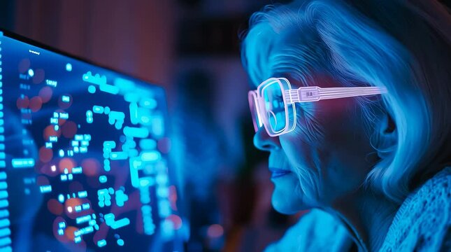 An elderly woman engages with futuristic technology. The concept of how technology bridges generational gaps and enhances accessibility for all ages. Generative AI.
