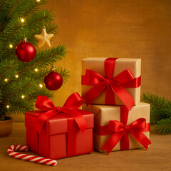 Obraz premium AI-Generated image of beautifully wrapped Christmas presents placed under a decorated tree.