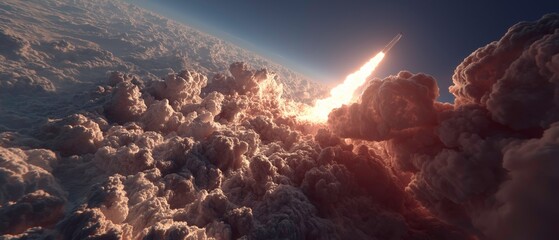 Rocket Launch Fire Trail in Sky with Bright Clouds and Dark Atmosphere