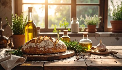 Fototapeta premium Freshly baked artisan bread with olive oil and herbs on rustic wooden table