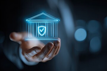 A hand holds a glowing bank icon