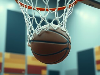 Fototapeta premium Orange basketball going through hoop net mid-motion, soft focus on background, high-quality dynamic sports illustration, minimal clean basketball action artwork for commercial and athletic stock use