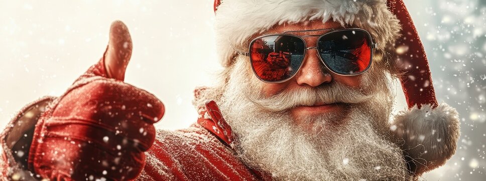 Cheerful Santa Claus in sunglasses giving a thumbs up in a vibrant Christmas celebration setting