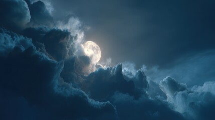 Naklejka premium Moon glowing behind moving clouds, creating a cinematic atmosphere, hyper-realistic textures in stunning movie-style clarity