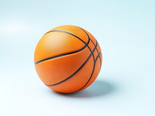 Fototapeta premium Orange basketball with black lines isolated on a pale blue background, clean minimal sports illustration concept, high-quality basketball artwork, simple sporty product shot, modern athletic