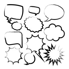 Fototapeta premium Grunge comic speech bubbles with brush strokes, ink smudges, acrylic stains or charcoal streaks. Hand drawn retro cartoon stickers. Chatting, message box. Vector illustration