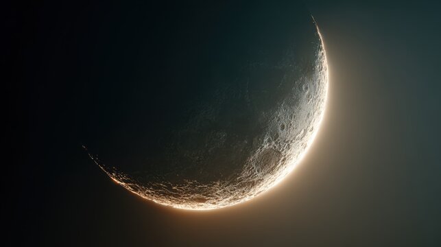 Realistic crescent moon glowing in a high-definition movie atmosphere, delicate surface details highlighted with soft cinematic light
