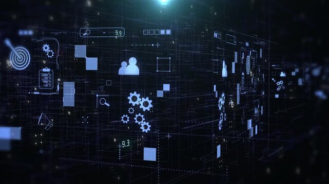 Abstract Business Technology Interface with Digital Icons of Target Goal, Rocket Launch, Analytics Dashboard, and Team Collaboration on Futuristic Blue Cyber Grid Fly Through 4K motion