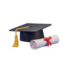 3d icon of graduation cap and diploma isolated on transparent background, symbolizing achievement