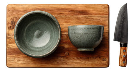 Rustic Ceramic Bowls and Knife on Wooden Cutting Board