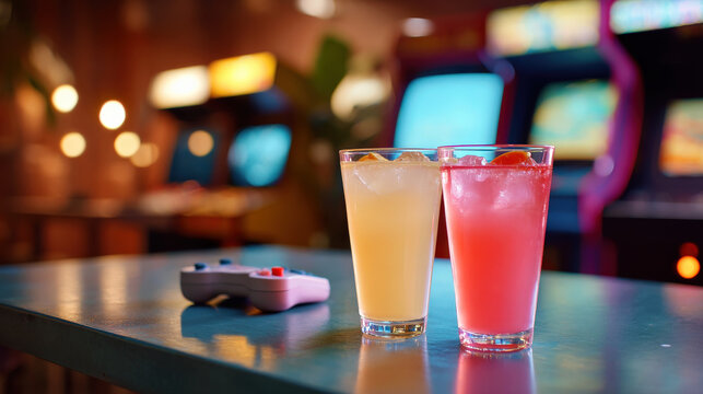 Refreshing drinks on bar table in vibrant arcade setting, featuring retro gaming controller nearby. neon lights create lively atmosphere, perfect for socializing and gaming