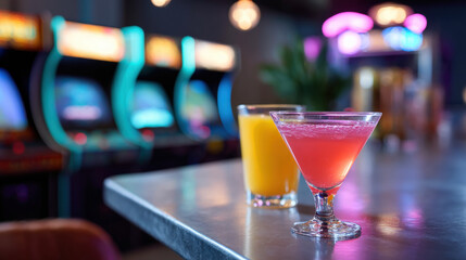 Charming cocktails on bar table in vibrant arcade setting, featuring neon lights and classic arcade machines in background, creating lively atmosphere