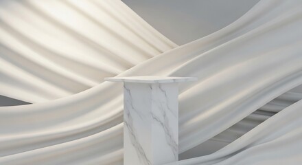 Elegant Marble Pedestal and Flowing White Fabric Backdrop, Minimalist Design.