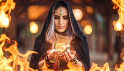 Woman Holding Crystal Ball Surrounded by Fire and Wearing Hood
