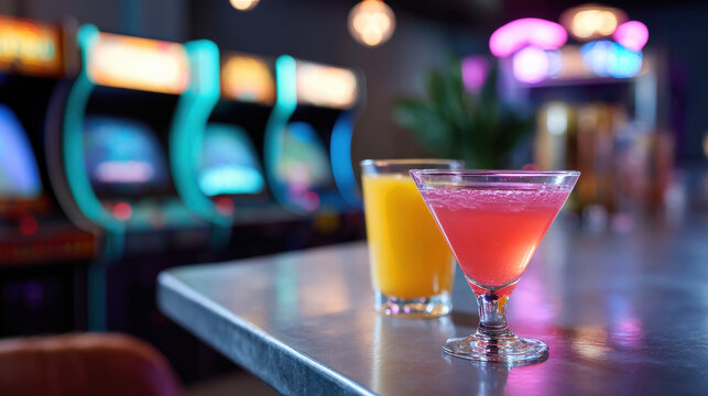 Charming cocktails on bar table in vibrant arcade setting, featuring neon lights and classic arcade machines in background, creating lively atmosphere - Powered by Adobe