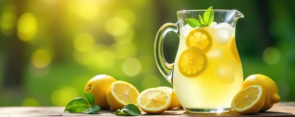Refreshing homemade lemonade cooling down in a pitcher with ice cubes, ready to quench thirst on a hot day  Perfect summer beverage ,  healthy,  beverage,  water