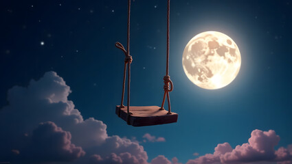Dreamy Night Swing Above the Clouds Child's Fantasy Journey Among Stars and Moon Magical Childhood Moment Swinging Through a Starry Sky Celestial Playground Little Girl's Adventure in the Clouds