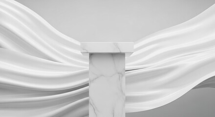 Elegant Marble Pedestal Display with Flowing White Fabric Backdrop