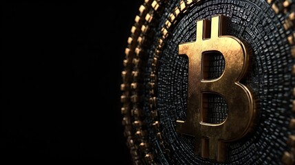 Bitcoin Crypto currency coin background. BTC Gold bitcoin Bit Coins bitcoins. Bitcoins mining, Blockchain money technology isolated black background copy space