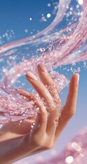 Fototapeta premium A hand reaches into a flowing stream of translucent, pink-tinged water against a bright blue sky; sparkling droplets and bokeh effects enhance the ethereal quality