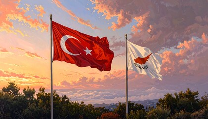 Flags of Turkey and Cyprus at sunset