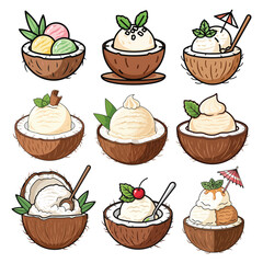 Coconut Ice Cream Vector Illustration Set